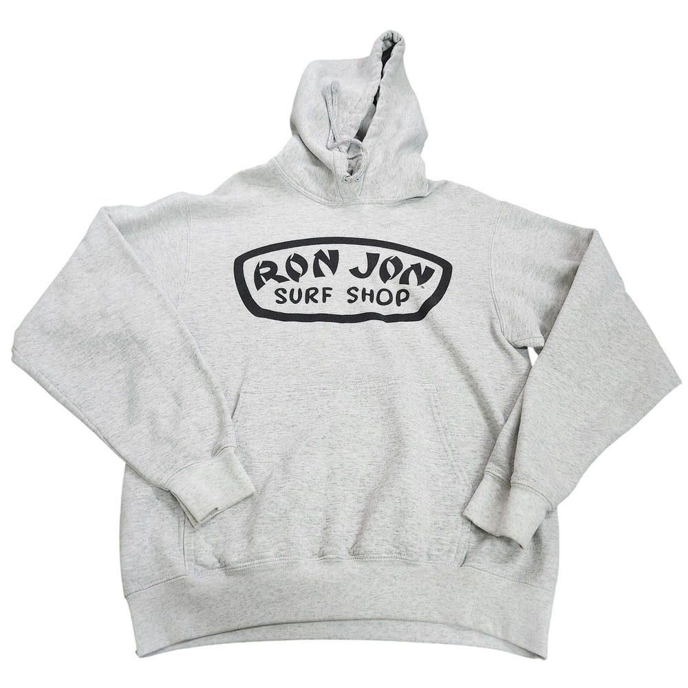Ron Jon Surf Shop Hoodie Mens Small Heather Grey Logo Graphic Pullover EUC